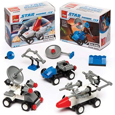 Image of Baker Ross AR807 Space Vehicle Brick Building Kit Value Pack— Novelty Toys for Kids, Perfect Party, Loot, Prize Bag and Stocking Filler (Pack of 4), Assorted