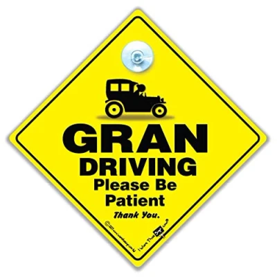 Image of Gran Driving Please be Patient Car Sign, Yellow and Black Elderly Driver Sign with Rubber Suction Cup