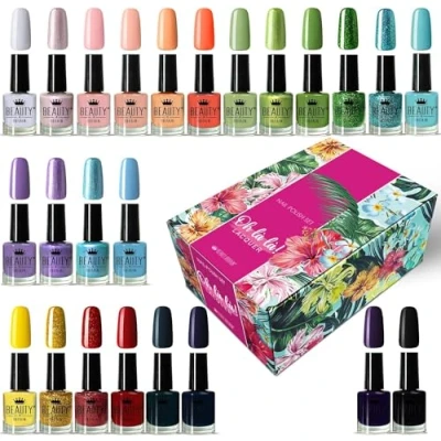 Image of beauty4britain Nail Polish Set 24 Modern Colours (12ml Each) Lacquer Collection in Elegant Floral Box Long Lasting Shine Gift