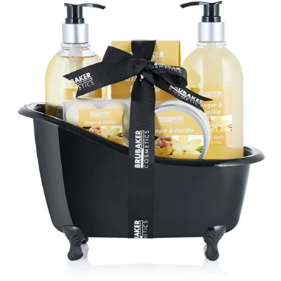 Image of BRUBAKER Bathing Gift Set Ginger Vanilla with Decoration Bathtub Black 9 Pieces