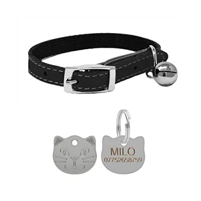 Image of Leather Cat Collar, Safety Elastic Bell &amp; Engraved Face Tag (Black)