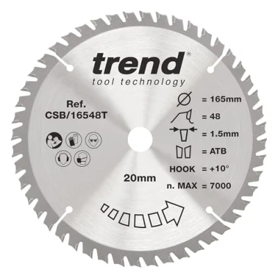 Image of Trend Wood Cordless Circular Saw Blade, 165mm Diameter, 20mm Bore, 48 Teeth, 1.5mm Kerf, +10 Hook, TCT, Fine Finish, CSB/16548T