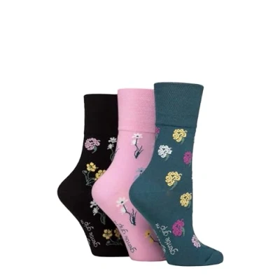 Image of Women&#039;s 3 Pair Gentle Grip RHS Royal Horticultural Society Patterned Cotton Socks Mixed Floral 4 8