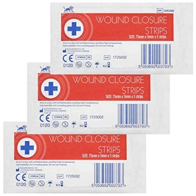 Image of Blue Lion 3mm x 75mm Sterile Wound Closure Skin Stitch Adhesive Strips Sutures 3 Pack (15 Strips)