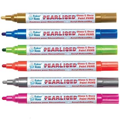 Image of Baker Ross AT485 Glass Paint Markers Pack of 6, Pearl Finish Marker Set, Art And Craft Supplies,
