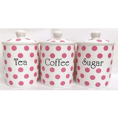 Image of Pink Spots Tea Coffee Sugar Canisters Fine Bone China Storage Jars Hand Decorated in The U.K. Free Delivery