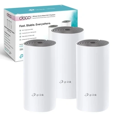 Image of TP Link Deco E4 Whole Home Mesh Wi Fi System, Seamless and Speedy (AC1200), 2x100Mbps Ethernet Ports, Work with Amazon Echo/Alexa, Router WiFi Booster Replacement, Parent Control, Pack of 3