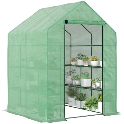Image of Outsunny Walk in Garden Greenhouse with Shelves Polytunnel Steeple Green House Grow Removable Cover 143x138x190cm,