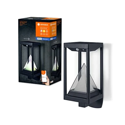 Image of LEDVANCE SMART+ outdoor Bluetooth solar wall light, with warm white (3000K) and color usable without power, up to 2.5 hours burning time at 100% rechargeable USB C cable IP44 sensor