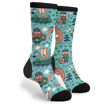 Image of 934 Novelty Work Socks Cartoon Vikings Dragon And Ship Recycled Running Unisex For Yoga Walking Women 40Cm