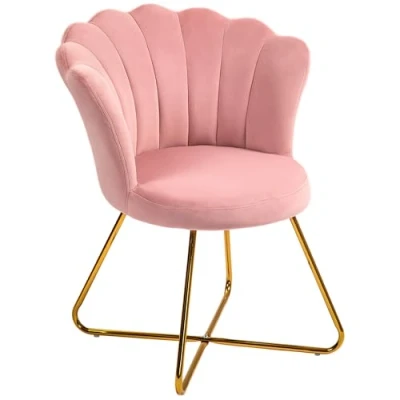 Image of HOMCOM Modern Armchair, Velvet Tufted Accent Chair with Lotus Backrest, Occasional Steel Legs for Living Room, Bedroom, Pink
