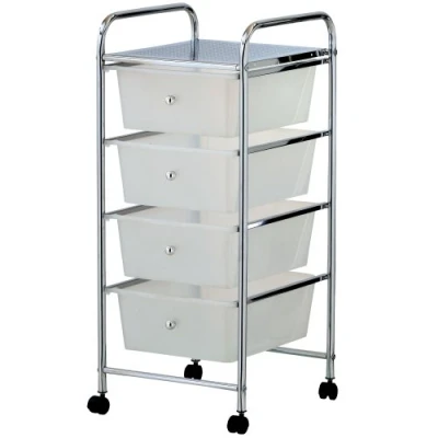 Image of VonHaus Storage Trolley, 4 Drawer White Wheeled Makeup Durable with Plastic Drawers, Chrome Frame, Panel &amp; 360 Wheels, Versatile Organiser for Bedroom, Bathroom, Home Office
