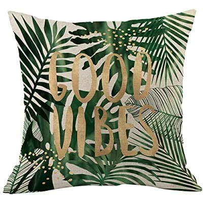 Image of CANSEGO Palm Leaf Pillow Covers Cases Good Vibes Tropical Jungle Green Tree Leaves Word Throw Cushion Cotton Linen 18x18 Inch Home Decor Couch Desk Bedroom