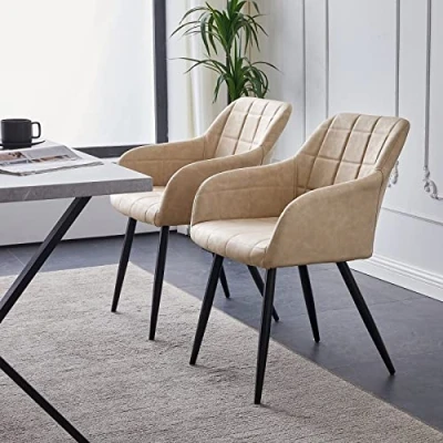 Image of CLIPOP Faux Leather Dining Chairs Set of 2, Lounge Reception with Arms and Metal Legs, Padded Accent Armchair for Kitchen Room, Living Room Corner Bedroom