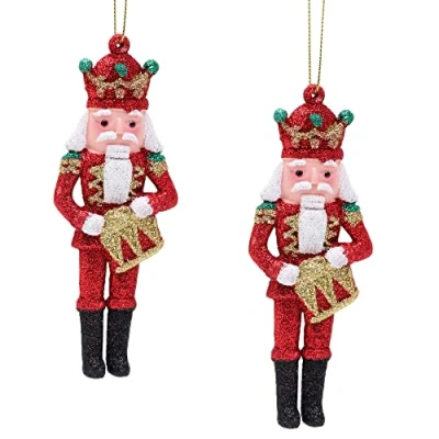 Image of Toyland® Pack of 2 13cm Glittery Nutcracker Baubles Red, Green, Gold &amp; White Glitter Christmas Tree Decorations