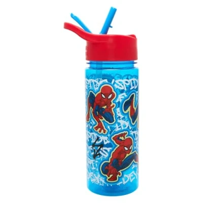 Image of Marvel Spider man Kids Water Bottles with Built in Dust Cover 500ml BPA Free Avenger Drinks Bottle Fully Recyclable Carry Handle School Removable Straw