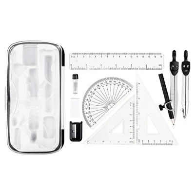 Image of Amazon Basics 10 Piece Maths Kit Includes Compasses, Lead, Rubber, Sharpener, Protractor, Triangles, Ruler and Carrying Box