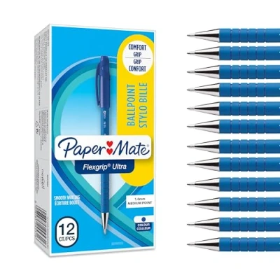 Image of Paper Mate Flexgrip Ultra Ballpoint Pens, Medium Point (1.0mm), Handwriting Pens &amp; Stationery Supplies, Blue Pen Set, 12 Count