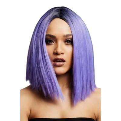 Image of Smiffys Fever Kylie Wig, Two Toned Blend, Violet Inverted Long Bob, Centre Parting, 37cm/ 15in, Wigs Fancy Dress, Dress Up