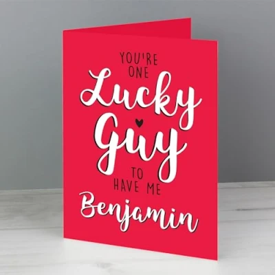 Image of Personalised You&#039;re One Lucky Guy Greeting Card Valentines Day, Valentine, Girlfriend, Boyfriend, Wife, Husband, Partner, Love