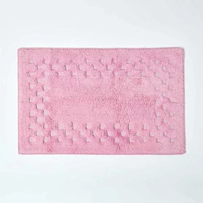 Image of HOMESCAPES Check Border Bathmat Rug, Soft Pink, 100% Cotton 1200 GSM, Washable At Home, Non Slip Spray Backing.
