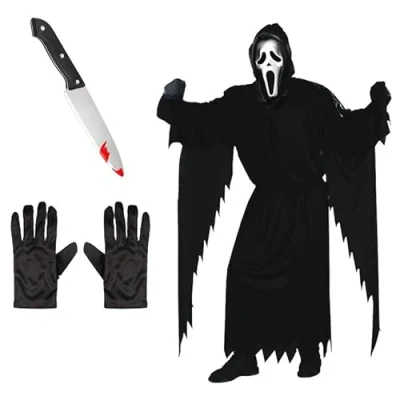 Image of My Illusions Adults Officially Licensed Scream Ghostface Costume + Toy Knife Gloves Men&#039;s Halloween Horror Fancy Dress Character Outfit (Plus Size Up To 46&quot; Chest)