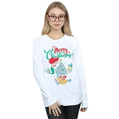 Image of Disney Women&#039;s Princess Ariel Merry Christmas Sweatshirt White Large