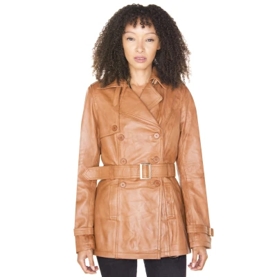 Image of Ladies Leather Trench Coat Tan Mid Length Classic Jacket L