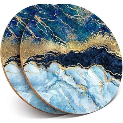 Image of Sawfish® 2x Round Coasters Marbled Art Effect Blue Gold Marble Cork Backed Home Kitchen Accessory Tea Coffee Mug Mat