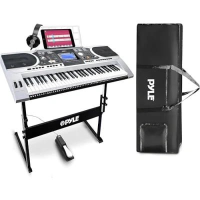 Image of Pyle 61 Keys 2 in 1 Play and Sing Along Portable Electronic Piano Keyboard with Sustain Pedal, Headset, Weatherproof Bag, Stool, Stand