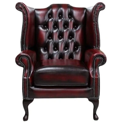 Image of DesignerSofas4u.co.uk Chesterfield Genuine Leather Queen Anne Chair Antique Oxblood Red