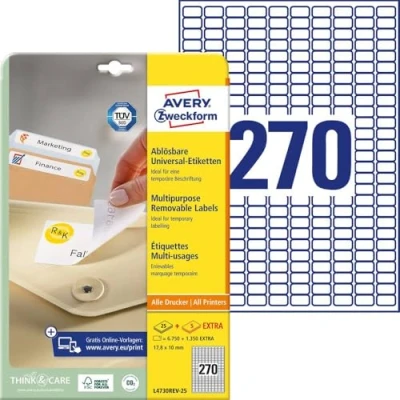 Image of Avery Zweckform L4730REV 25 Universal Labels 17.8 x 10 mm Sheets / 6750 Labels/White