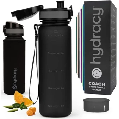 Image of Hydracy Water Bottle with Time Marker 500 ml 17 Oz BPA Free Leak Proof &amp; No Sweat Gym Fruit Infuser Strainer Ideal for Fitness or Sports Outdoors Space Grey