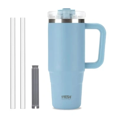 Image of Klaraber Tumbler with Straw and Lid, 30oz Insulated Travel Cup Straw, Double Wall Stainless Steel Iced Coffee Cup, Leak Proof Mug, Large Handle (Sky Blue)