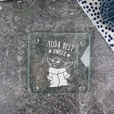 Image of eBuyGB Personalised Square Glass Coaster, Engraved Baby Yoda Star Wars Themed Drinks Mat, Funny Gifts from Niece &amp; Nephew (Yoda Best Uncle)