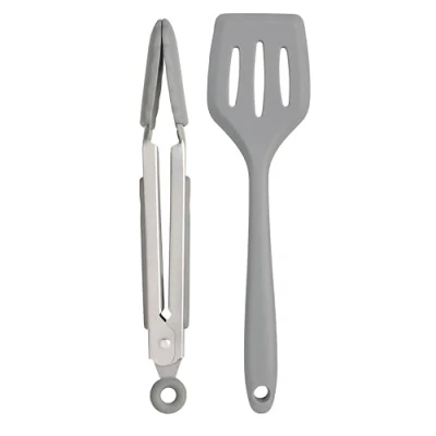 Image of Wiltshire Silicone Mini Kitchen Tongs &amp; Turner, Set of 2, Serving Spatula Cooking Tongs, Salad BBQ Stainless Steel, Fish Slice, Heat Resistant Utensil, Non Stick, Scratch, Pebble Grey