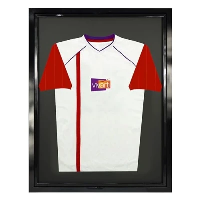 Image of Vivarti DIY Tapered Sleeve Adult Standard Sports Shirt Display Frame for Football/ Rugby Shirt, Band T Shadow Box 60 x 80cm Gloss Black Frame, Inner Backing Card