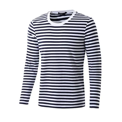 Image of sourcing map Men&#039;s Striped T Shirt Crew Neck Long Sleeve Casual Cotton Pullover Tee Top Navy Blue XL