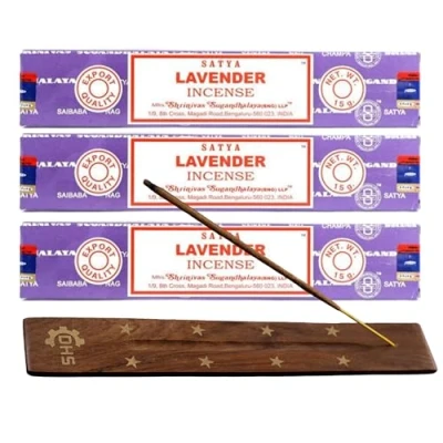 Image of Satya Nag Champa Lavender Incense Sticks Hand Rolled 3 Pack With DHS Stick Holder Used for Aromatherapy, Yoga, Meditation, and Relaxation