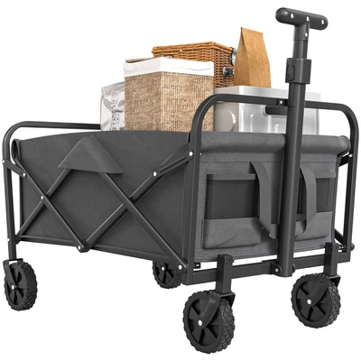 Image of Outsunny 62L Festival Trolley on Wheels, Garden Folding Cart, 120kg Heavy Duty Collapsible Wagon with Adjustable Handle and Carrying Bag for Beach, Camping, Festival, Grey