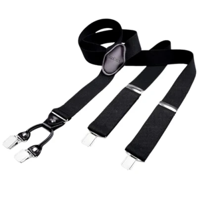 Image of DonDon men suspenders 3,5 cm 1,38&quot; wide 4 clips with brown leather in Y form elastic and length adjustable dark green