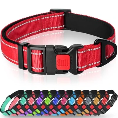 Image of Taglory Reflective Nylon Dog Collar with Safety Buckle, Adjustable Pet Collars Soft Neoprene Padding for Small Dogs, Red