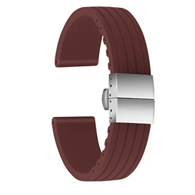 Image of ULLCHRO Silicone Watch Strap Replacement Rubber Band Waterproof Stripe Pattern 16mm, 18mm, 20mm, 22mm, 24mm Bracelet with Stainless Steel Deployment Buckle (18mm, Brown)