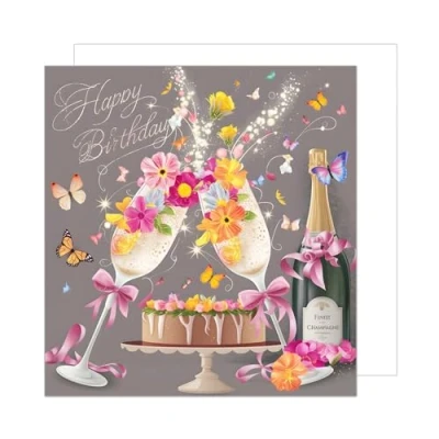 Image of Edition Seidel Premium Square Birthday Card with Envelope. Happy Billet for Wife Girlfriend Champagne Glasses Butterflies Toasting (GQ287 SW024)
