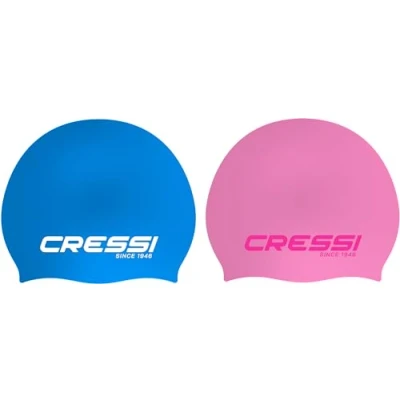 Image of CRESSI Ricky Jr Swim Cap Bundle Two Junior Swimming Caps, Light Blue/White + Pink/Pink, One Size