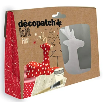 Image of Décopatch Ref KIT018O Christmas Reindeer Mini Kit Suitable for Children Includes White Papier Mache Animal, 2 x Sheets, Brush &amp; Pot of PaperPatch Glue
