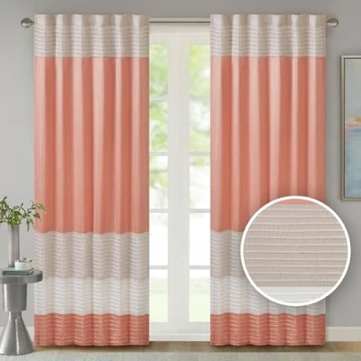 Image of Madison Park Window Curtain Single Panel Faux Silk, Elegant Pleats, Rod Pocket Curtains for Living Room Privacy, Darkening Bedroom and Dorm, Amherst, 50x84, Coral