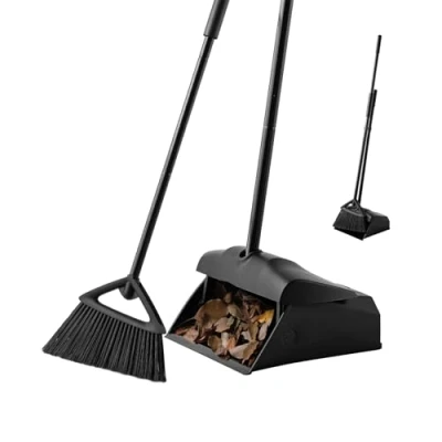 Image of Eyliden Commercial Angle Broom and Dustpan Combo, with Long Handle, Lobby Dust Pan Sweep Set for Outdoor Garages Courtyard Sidewalks Decks Indoor Home Kitchen Room Office (Black Broom+Dustpan)