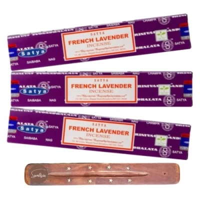 Image of Satya Nag Champa French Lavender incense sticks x3 pack with SAMASIA holder Used for Aromatherapy, Spa, Yoga, Weddings, Meditation, Healing, Positivity and Relaxation