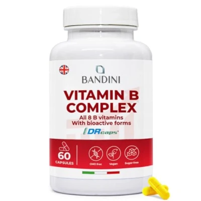 Image of Bandini® Vitamin B Complex High Strength 60 Capsules (2 Months Supply) All 8 Vitamins B1, B2, B3, B5, B6, B7, B9, B12 Supplement One A Day No Fillers, Non GMO Made in Italy